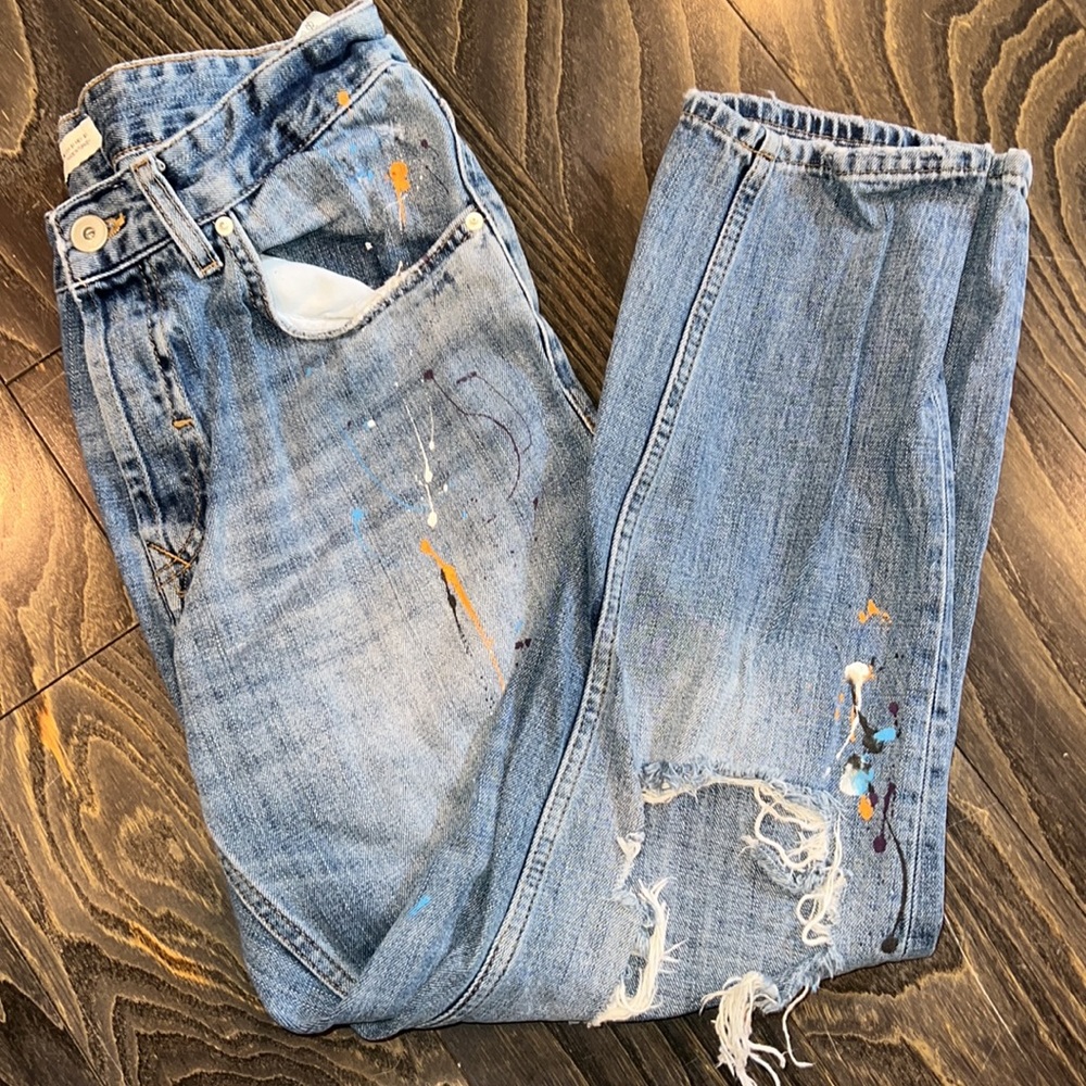 Zara pain splatter destroyed jeans with button fly.